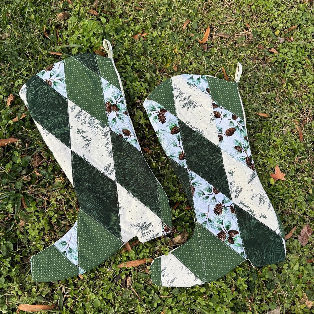 Pair of Handmade Green Quilted Cowboy Boot Stockings